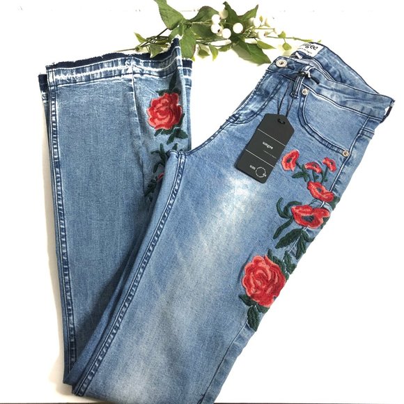 Umgee Denim - Umgee | Red Rose Flare Leg Denim Jeans
